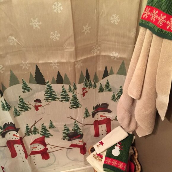 St. Nicholas Square Fabric Snowman Snowflake Winter Scene Bath Shower Curtain - Picture 3 of 4